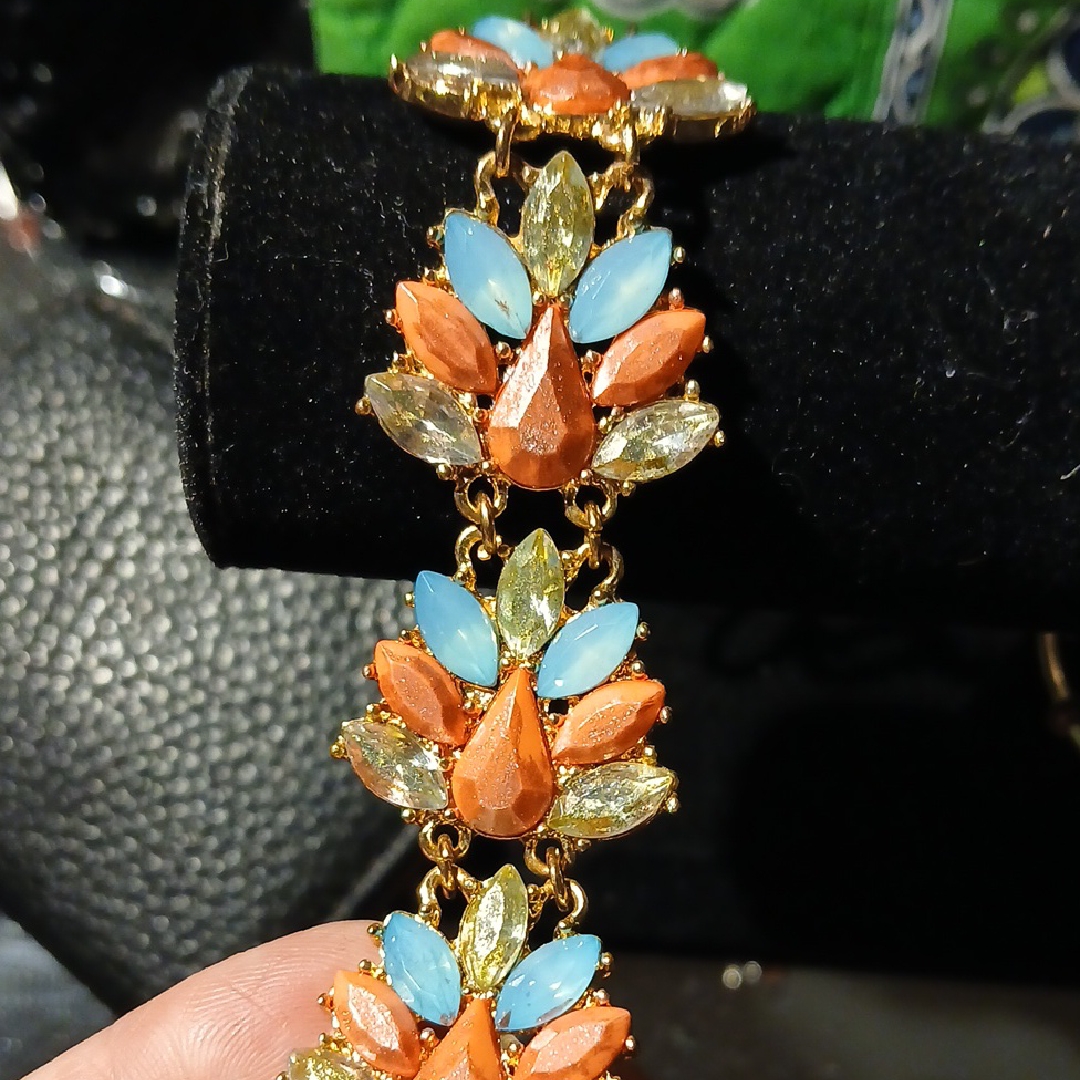 Fashion Jewelry Orange And Blue Bracelet With Gold-Toned Setting 15$